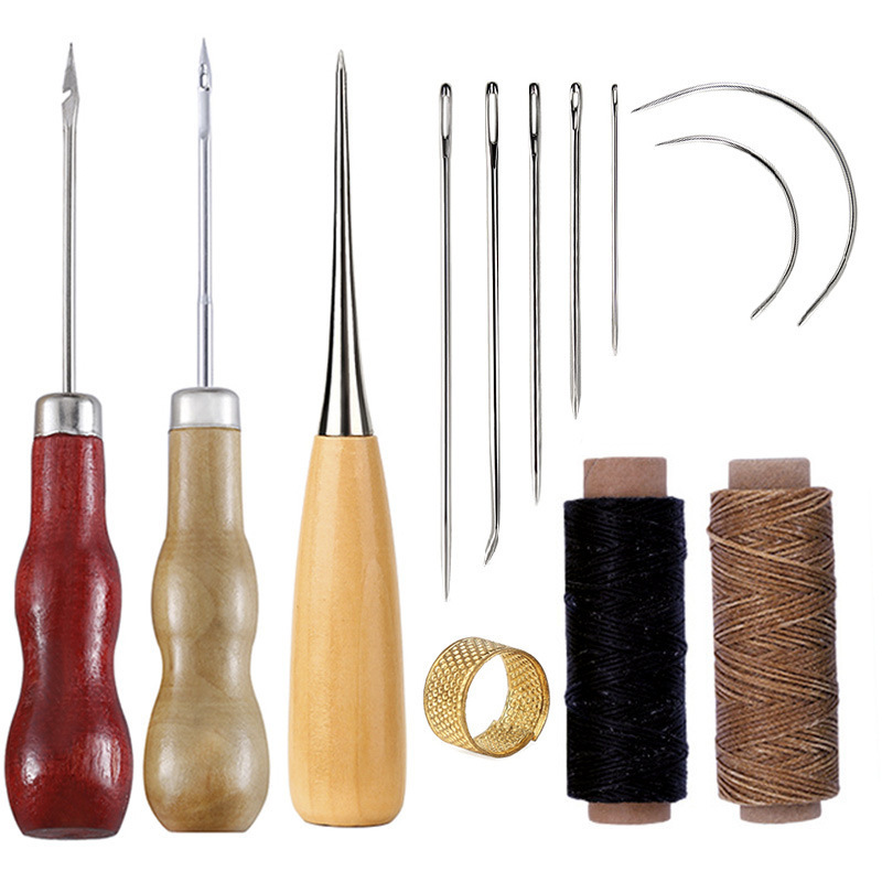 Leatherwork For Beginners - ชุดเครื่องมืองานหนังแบบใช้ด้ายเคลือบแว็กซ์ 13 ชิ้นสำหรับผู้เริ่มต้น/มืออาชีพ - อุปกรณ์งานฝีมือเย็บด้วยมือ