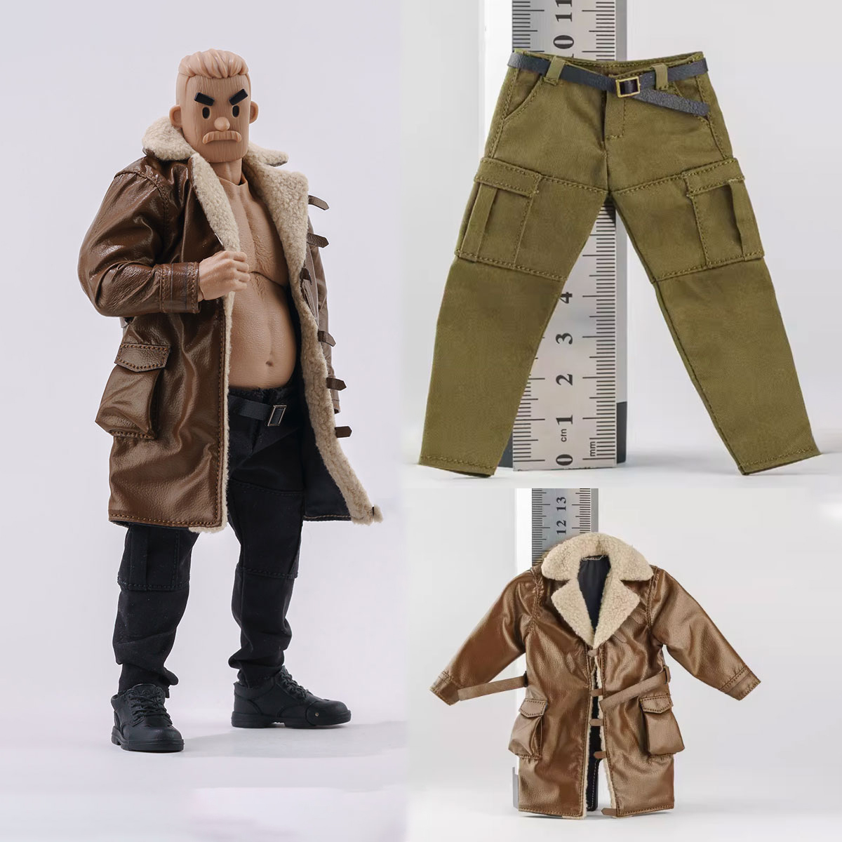 Leatherworking Items - กางเกงทำงานทรงทหารสุดแข็งแกร่งสำหรับคนวัยกลางคน ขนาด 1/12 พร้อมเสื้อโค้ทหนังปกขนสีน้ำตาล สำหรับตัวแบบขนาด 6