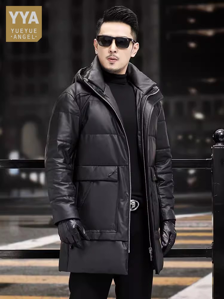 Leather Work Jacket With Hood - ฤดูหนาว Mens หนา WARM White Goose