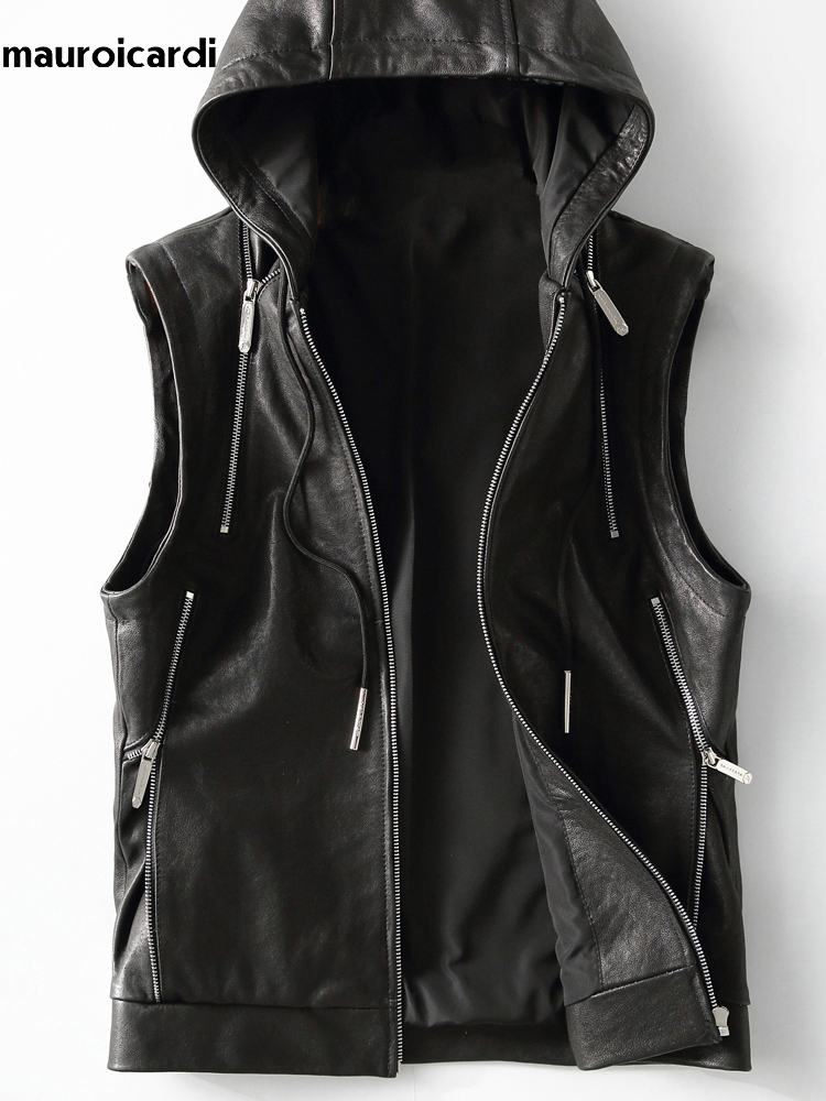 Leather Work Vest - Mauroicardiฤดูใบไม้ผลิฤดูใบไม้ร่วงหรูหราElegant CoolสีดําPuหนังสําหรับชายHoodซิปเสื้อแขนกุดผู้ชายเสื้อผ้า 2023
