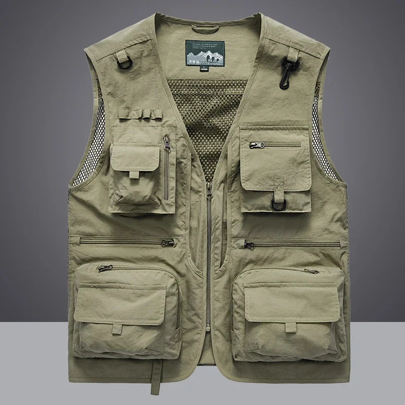 Leather Work Vest - เสื้อกั๊กผู้ชายสำหรับฤดูร้อน เสื้อกั๊กทำงานแบบลำลองสำหรับช่างภาพ เสื้อกั๊กตาข่ายแบบไม่มีแขน มีกระเป๋าใส่เครื่องมือ ไซส์ 6XL