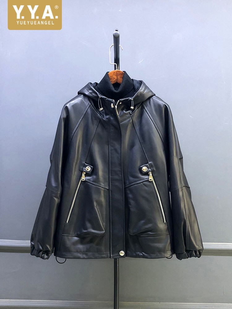 Leather Work Jacket With Hood - เสื้อแจ็คเก็ตหนังแกะแท้สำหรับผู้หญิง ลดราคาพิเศษสำหรับฤดูใบไม้ร่วง มีฮู้ด ทรงหลวม ใส่สบาย เหมาะสำหรับทำงานหรือใส่ลำลอง