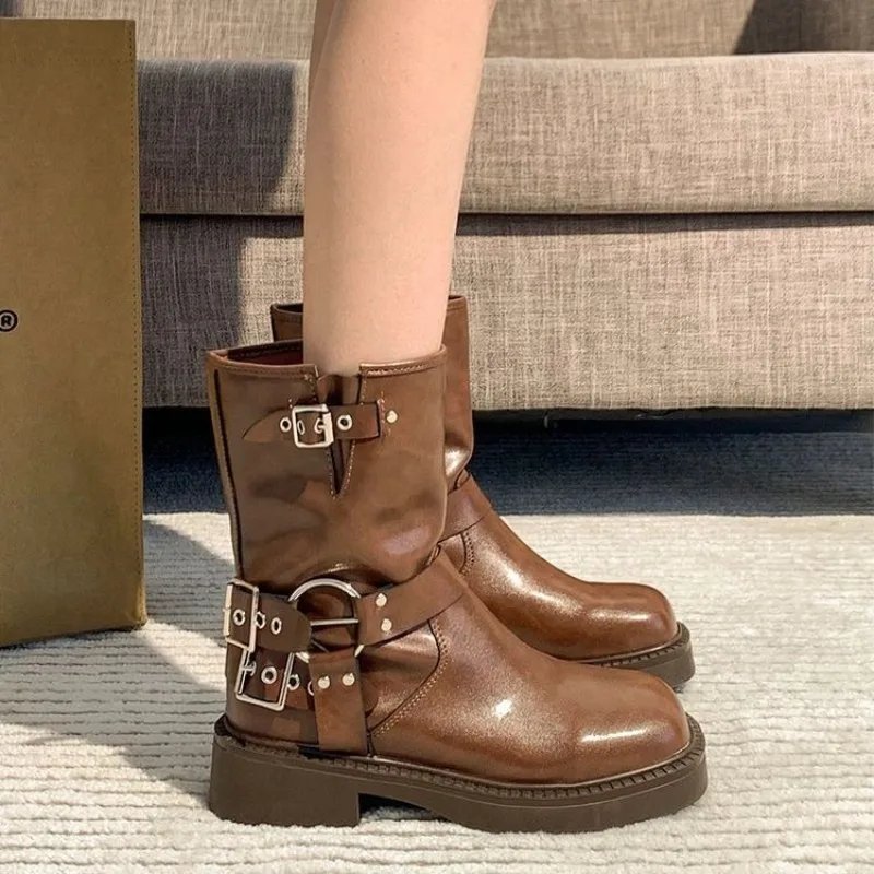 Leather Work Western - ข้อเท้าสตรีรองเท้าฤดูใบไม้ร่วงทํางานแฟชั่นElegant Punkใหม่สีดําหรูหราต่ําส้นรอบToeหนังDropshipping Centerรองเท้า