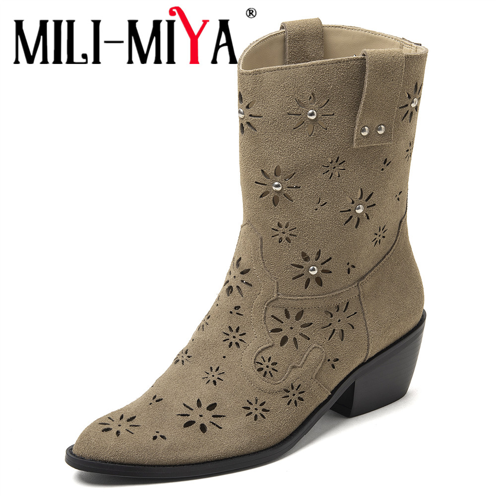 Leather Work Western - รองเท้าบูทคาวบอยสไตล์ตะวันตกสำหรับผู้หญิง MILI-MIYA 2026 รุ่นใหม่ ปลายแหลม แบบเจาะรู