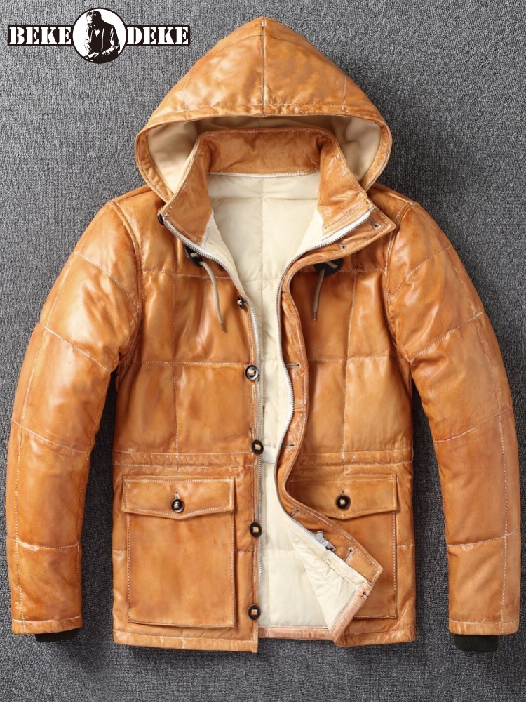 เสื้อแจ็คเก็ตหนังแกะแท้บุขนเป็ - Leather Work Jacket With Hood บทวิจารณ์และราคา