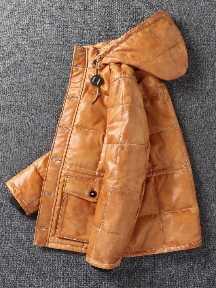 เสื้อแจ็คเก็ตหนังแกะแท้บุขนเป็ - Leather Work Jacket With Hood บทวิจารณ์และราคา