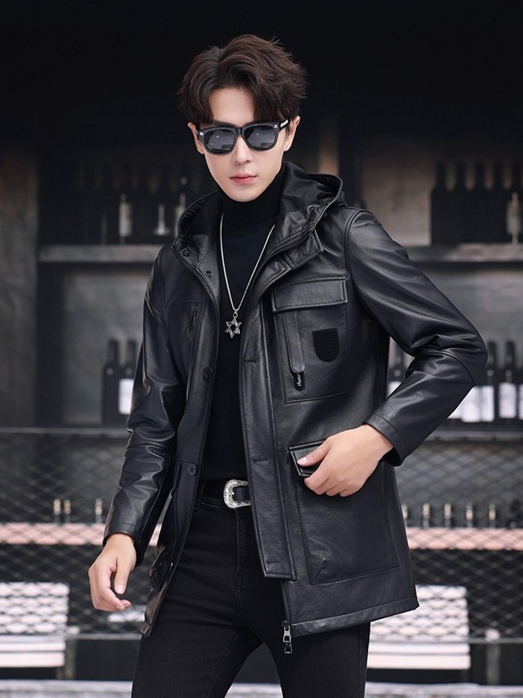 เสื้อโค้ทหนังวัวแท้ทรงสลิมฟิตส - Leather Work Jacket With Hood บทวิจารณ์และราคา