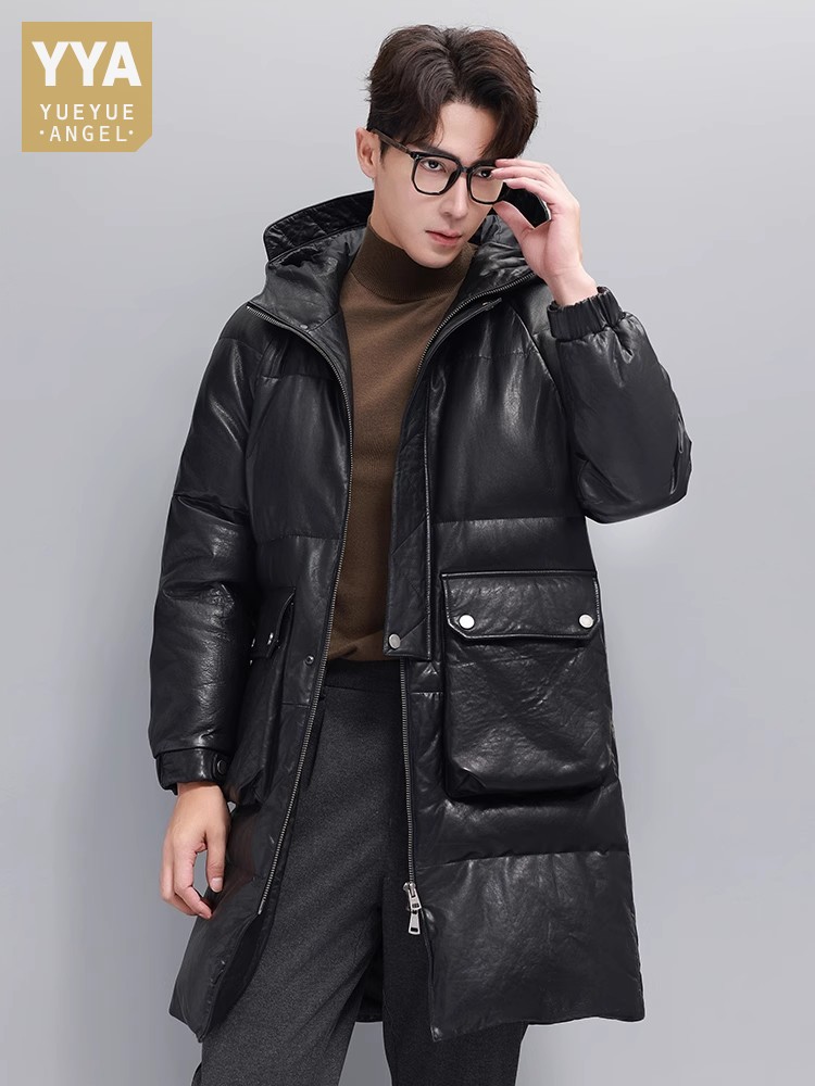 ฤดูหนาว Mens WARM Goose Down J - Leather Work Jacket With Hood บทวิจารณ์และราคา