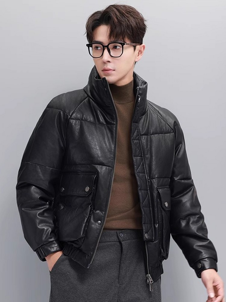 ฤดูหนาว Mens WARM Goose Down J - Leather Work Jacket With Hood บทวิจารณ์และราคา