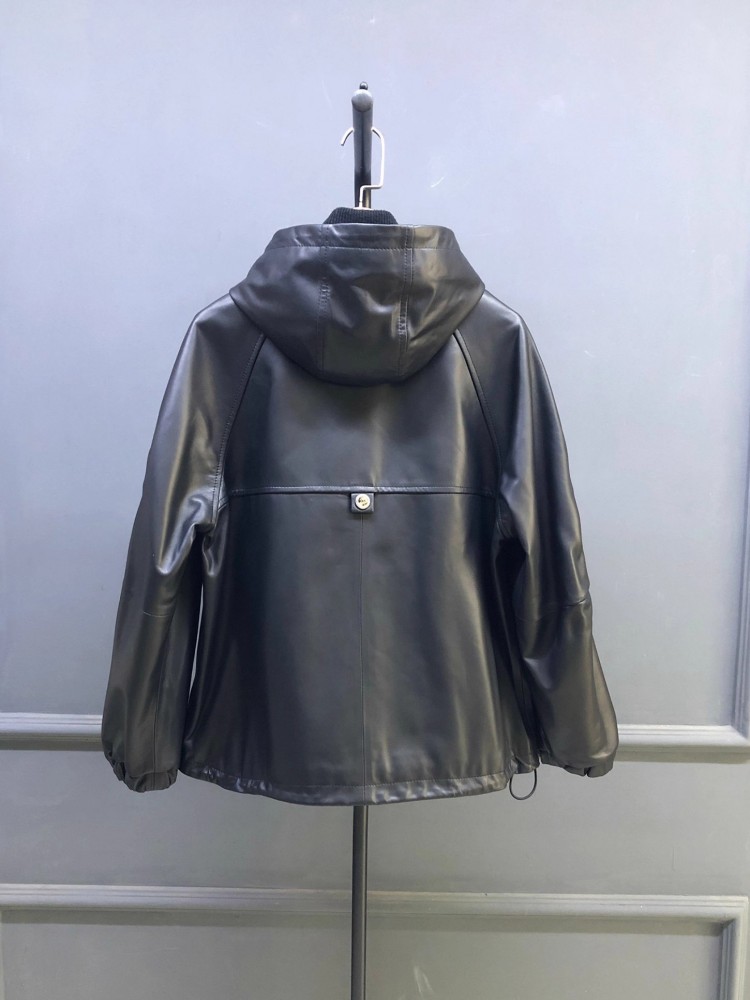 เสื้อแจ็คเก็ตหนังแกะแท้สำหรับผ - Leather Work Jacket With Hood บทวิจารณ์และราคา