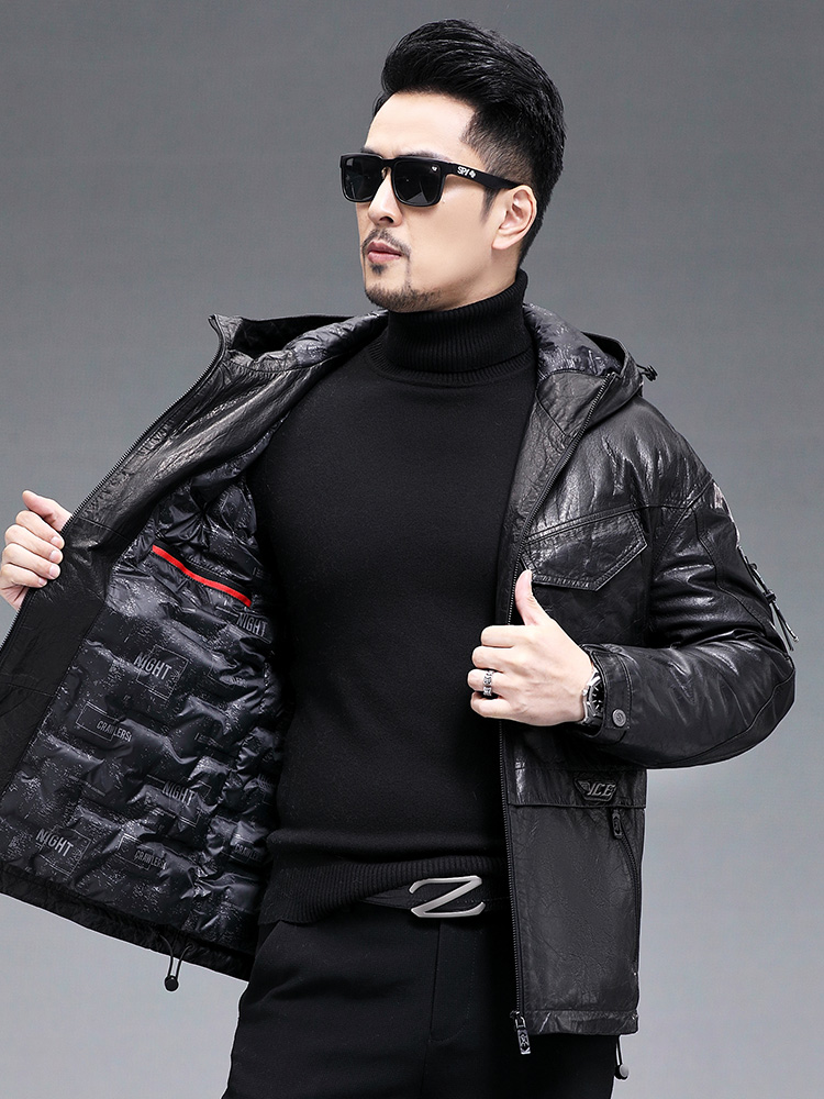 ผู้ชายฤดูหนาว WARM หนังแพะจริง - Leather Work Jacket With Hood บทวิจารณ์และราคา